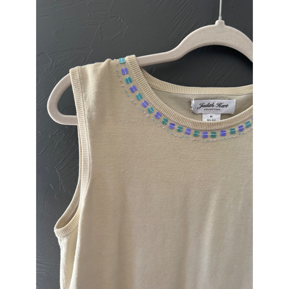 Judith Hart Y2k Cream Silk Blend Beaded Sequin Sleeveless Knit Shell M